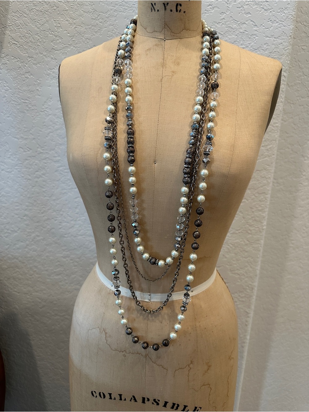 Layered Pearl and Bead Necklace - Ivory and Gunmetal